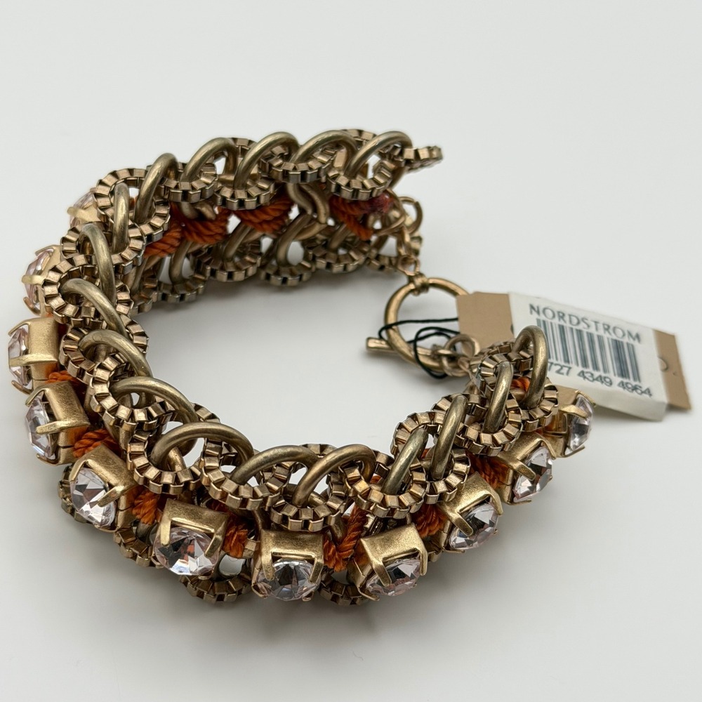 Nordstrom Gold Tone Chain Link Bracelet with Clear Crystal Stones Orange New